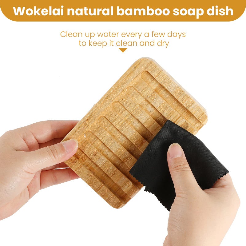 wokelai Shampoo Bar Holder Bamboo Soap Dish for Shower Wood Soap Dishes Wooden Soap Saver Tray Stand Self Draining Travel Soap Container Case for Bathroom Kitchen Bath Tub Razor Sponges  Waterfall Drain 2 PCS - Image 5